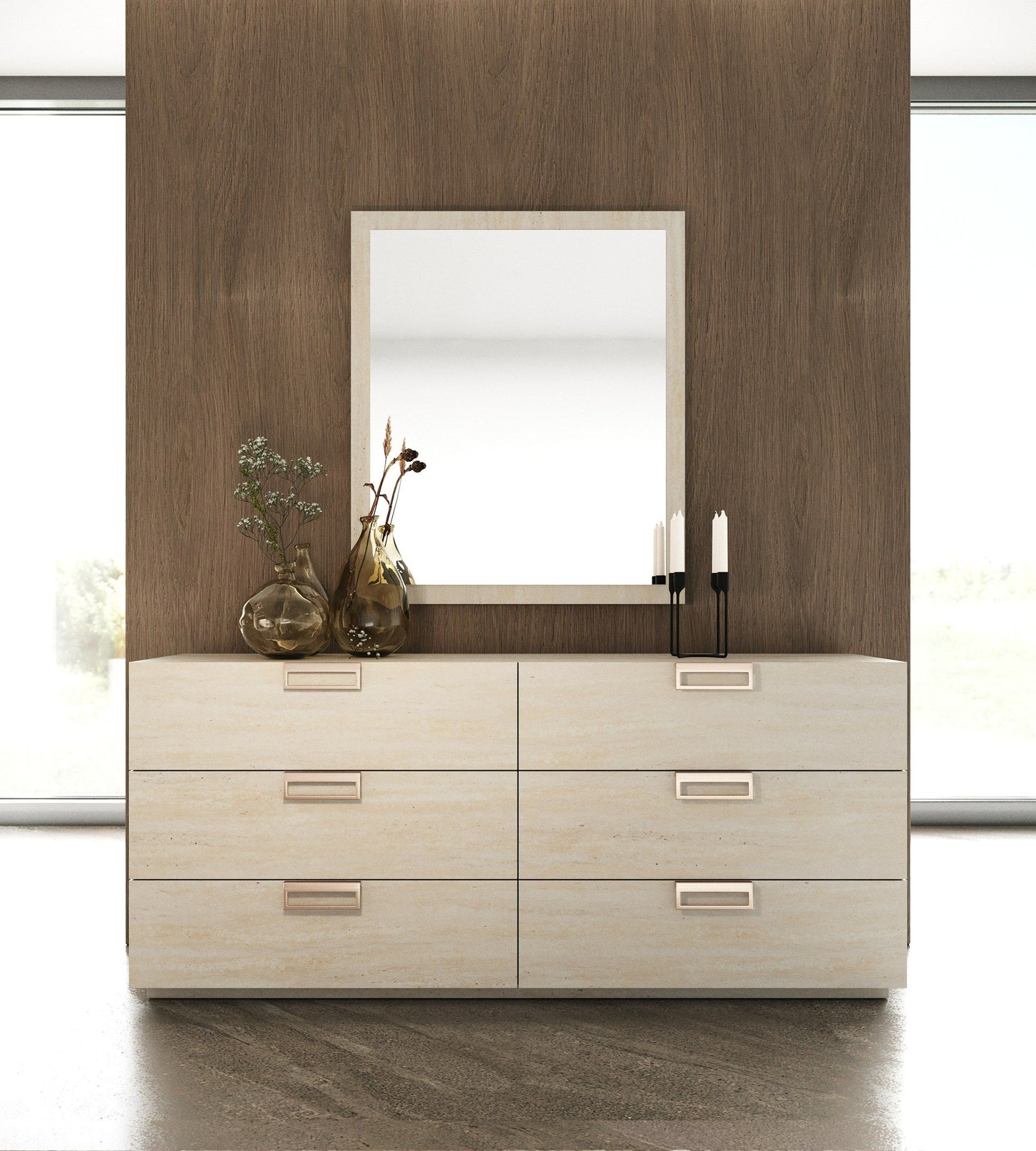 Lamod Roma + Lago Modern 4-Piece Bedroom Set – Burnt Orange Velvet Bed & Faux Travertine Furniture