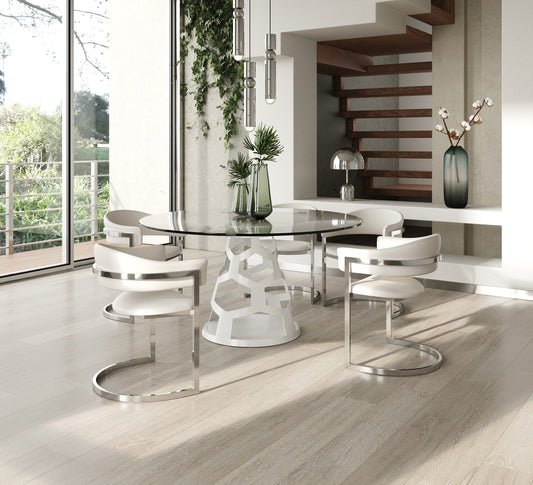 Modrest Lilly Modern 12mm Round Glass and White Dining Table for Elegant and Contemporary Dining Rooms