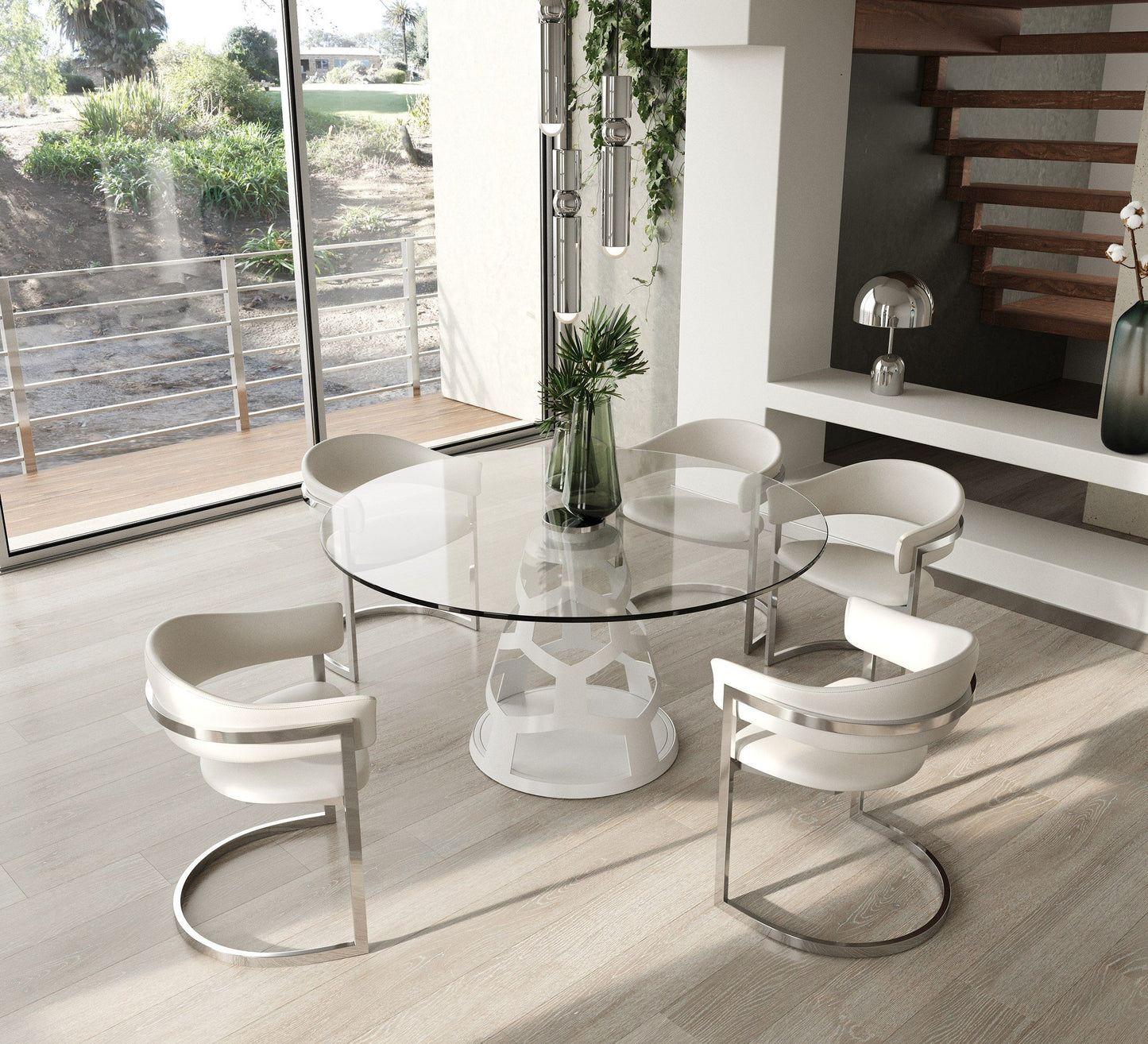 Modrest Lilly - Modern 12mm Round Glass + White Dining Table