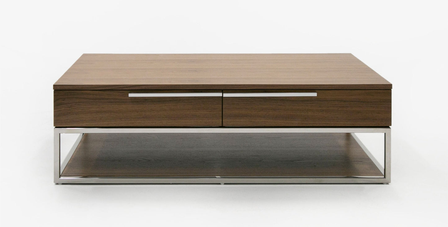 Modrest Heloise Modern Walnut & Stainless Steel Coffee Table - Sleek Contemporary Living Room Furniture
