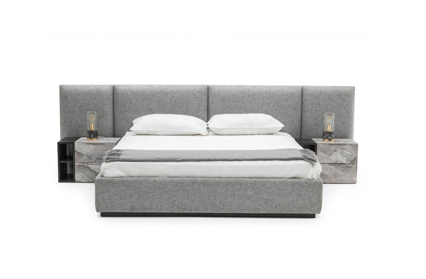 Nova Domus Maranello Modern Grey Fabric Bed with Two Nightstands β Contemporary Bedroom Set