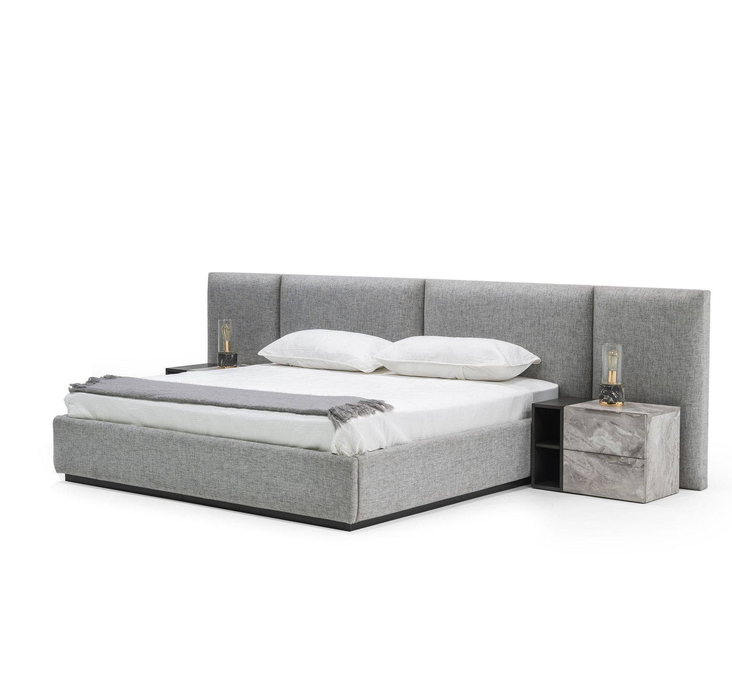 Nova Domus Maranello Modern Grey Fabric Bed with Two Nightstands β Contemporary Bedroom Set