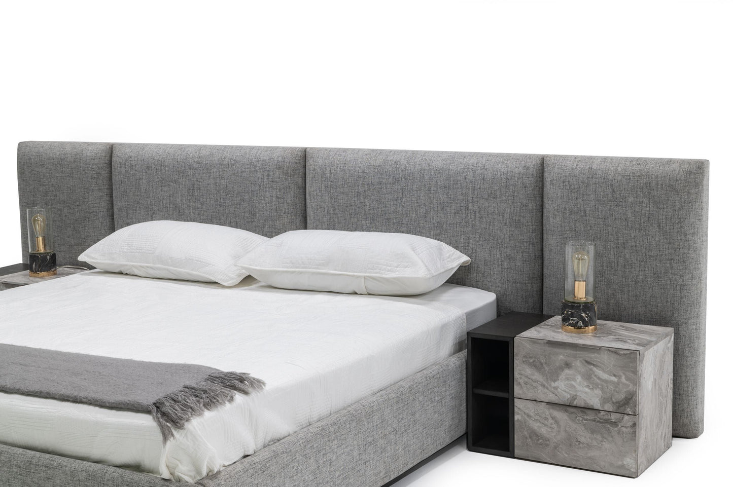 Nova Domus Maranello Modern Grey Fabric Bed with Two Nightstands β Contemporary Bedroom Set