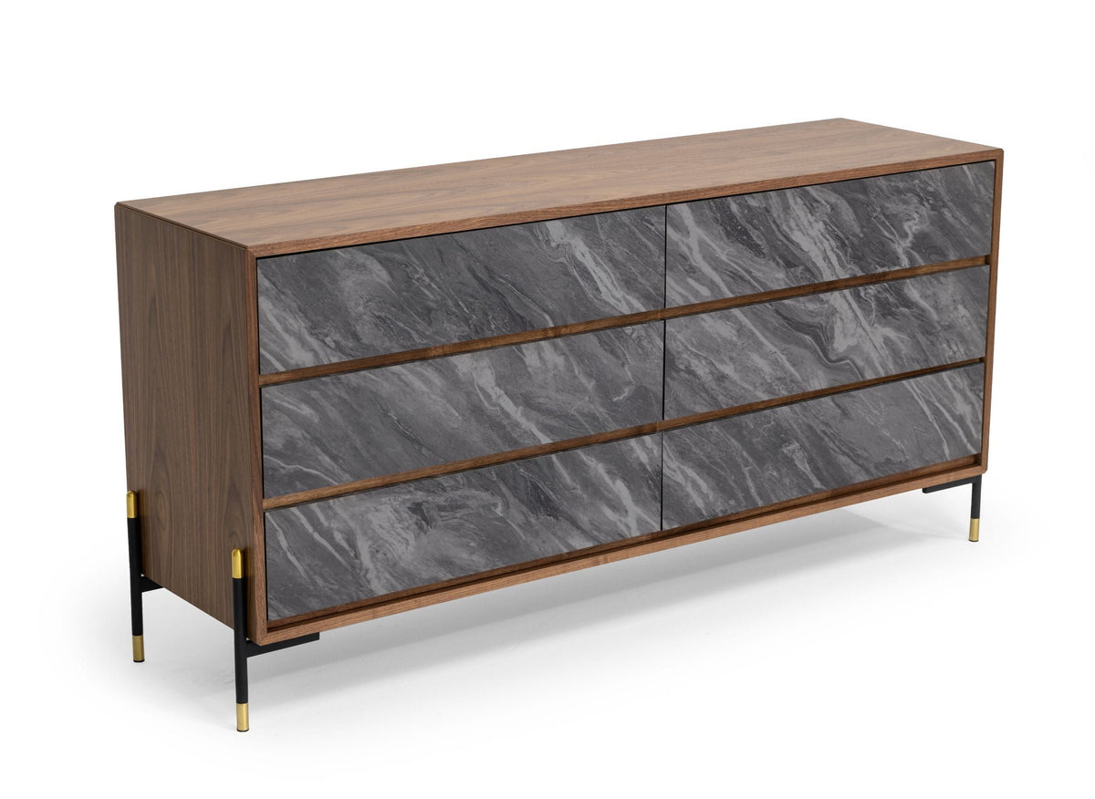Metcalf Mid-Century Walnut and Grey Six-Drawer Dresser
