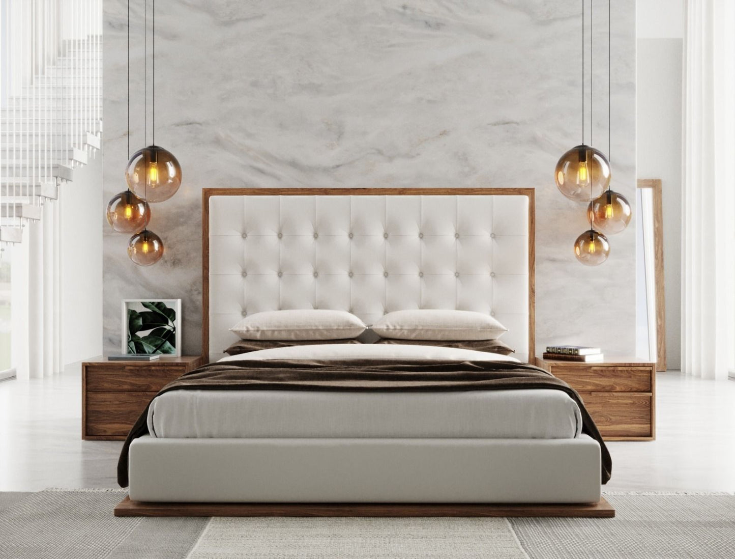 Modrest Amberlie - White Vegan Leather & Walnut Bed