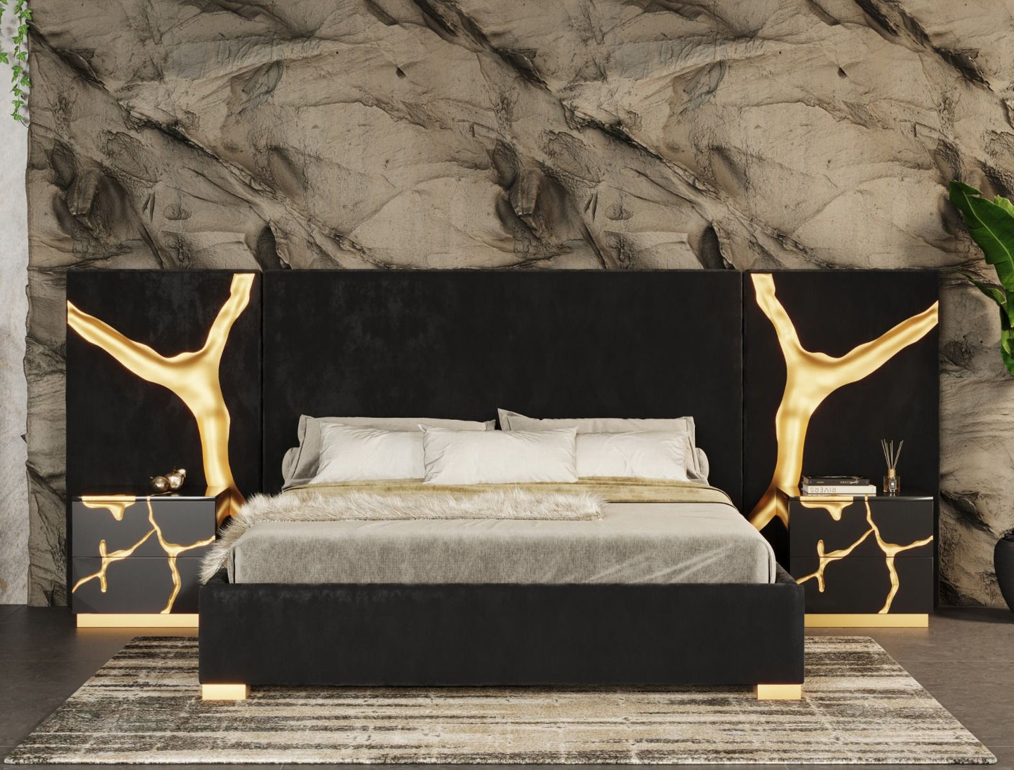 Modrest Aspen - Glam Black Velvet & Gold Bed