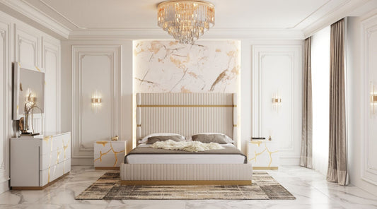 Modrest Sterling Modern Beige & Gold Bed with Nightstands β Elegant Contemporary Bedroom Set