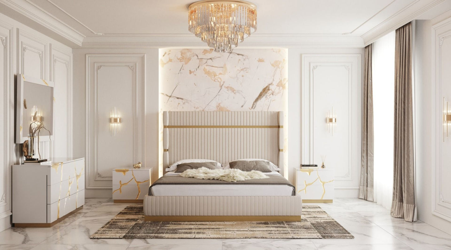 Modrest - Sterling Modern Beige + Gold Bed + Nightstands