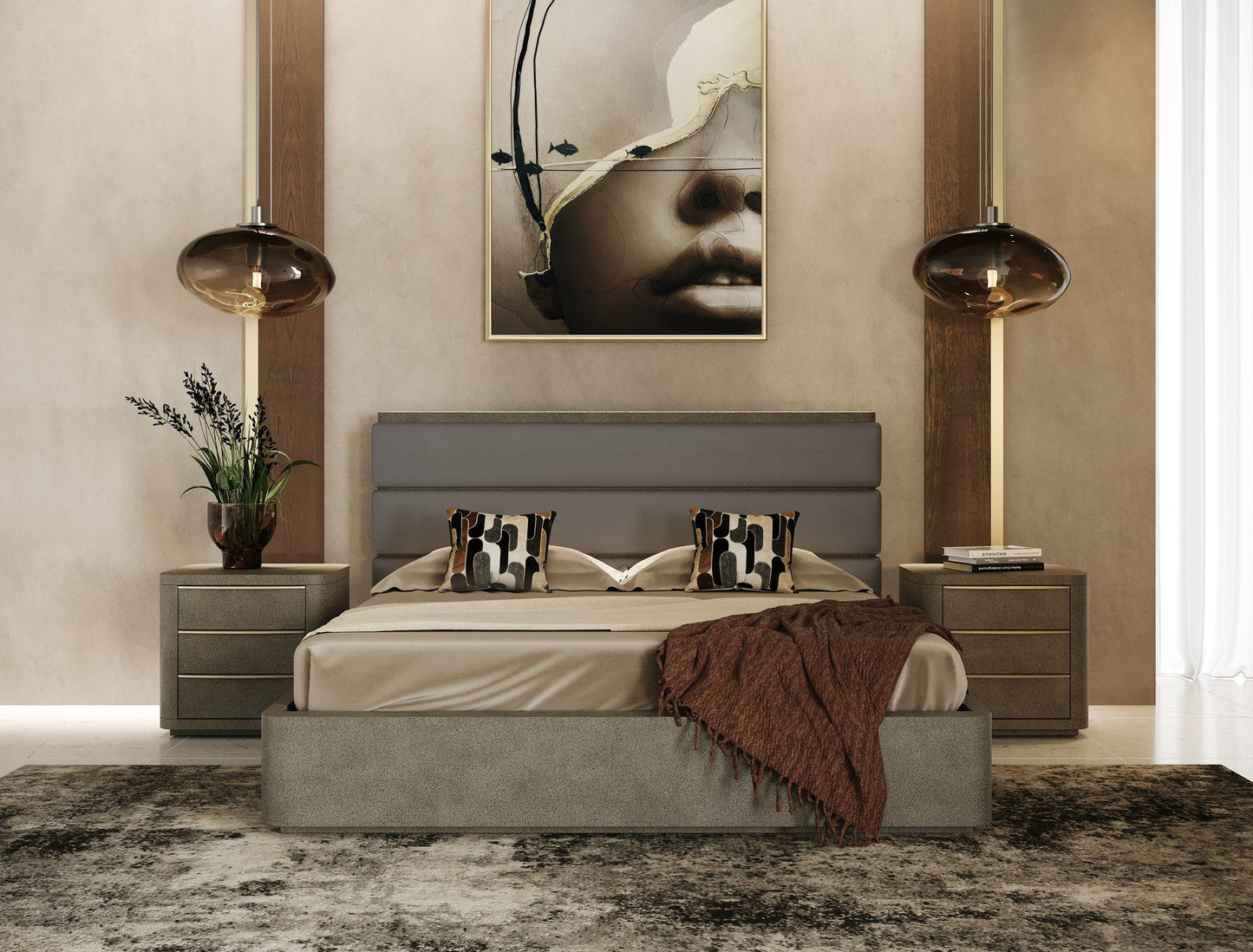 Modrest Lois Modern Beige Shagreen Brass Nightstand A Luxurious Blend of Contemporary Design and Sophisticated Elegance for Stylish Living Spaces
