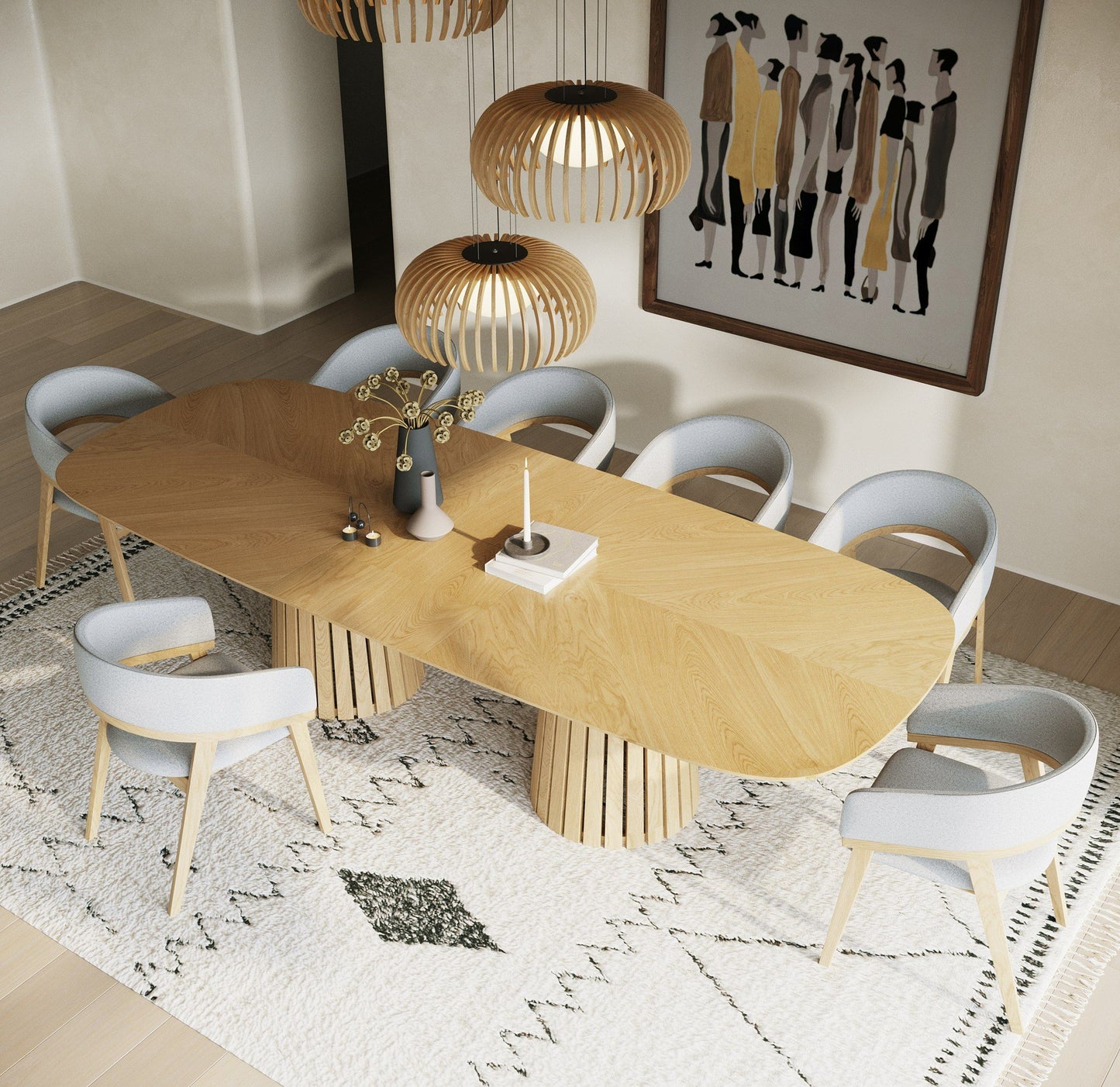 Modrest Truman 10-Seater Dining Set – Mid-Century Modern Oak Extendable Table