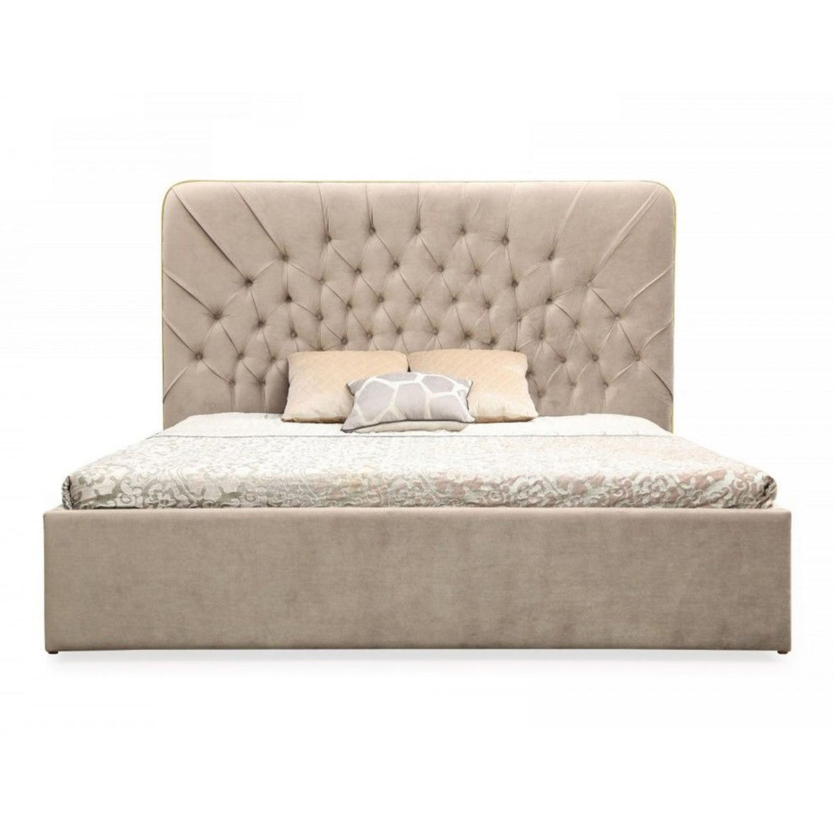 Moontide Beige Velvet Platform Bed with Brushed Brass Trim