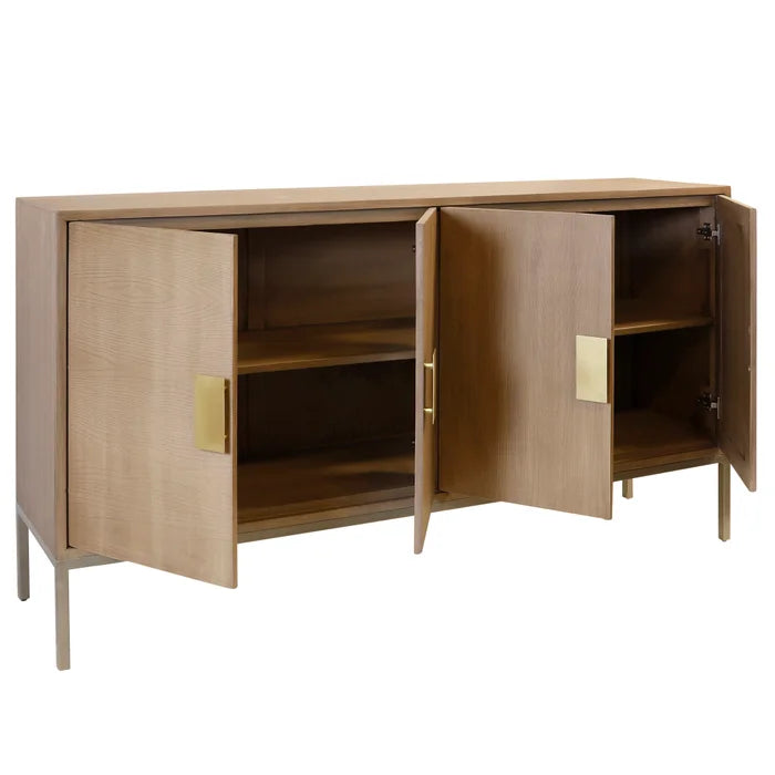 Mid Modern Natural Console with 4 Doors and Iron Base for Contemporary Storage and Style