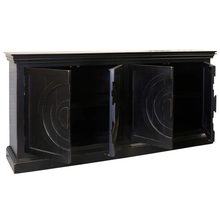 Ebony Sideboard with 4 Doors, Weathered Edge Solid Pine Wood Body, and MDF Back for Rustic Storage and Style
