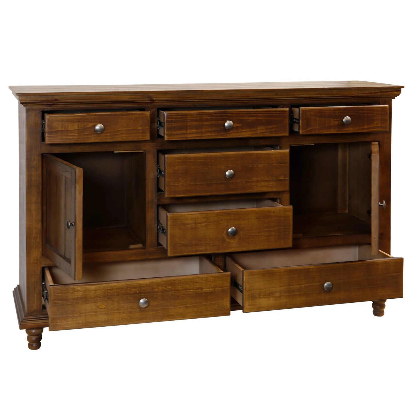 Pecan Solid Wood Rivers Edge Side Table with 7 Drawers & 2 Doors Functional and Stylish Storage Solution