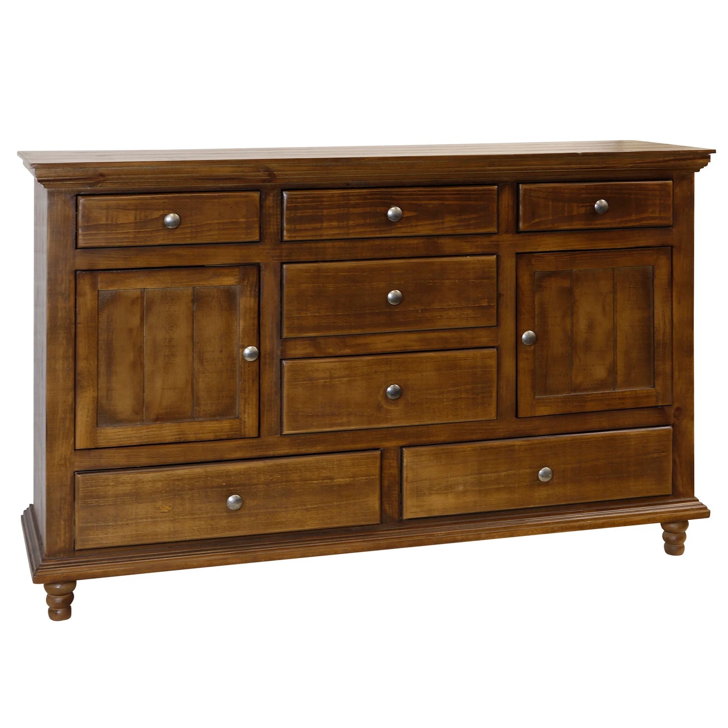 Pecan Solid Wood Rivers Edge Side Table with 7 Drawers & 2 Doors Functional and Stylish Storage Solution