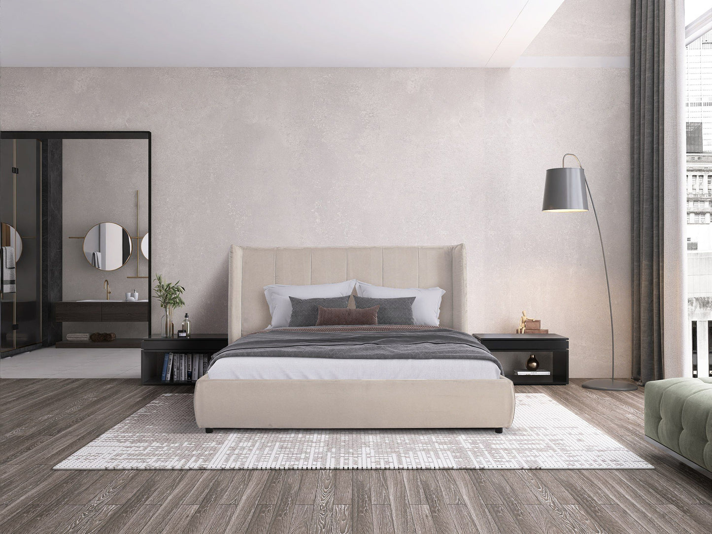 Modrest Emilia Modern Beige Velvet Bed for Elegant and Cozy Bedroom Interiors