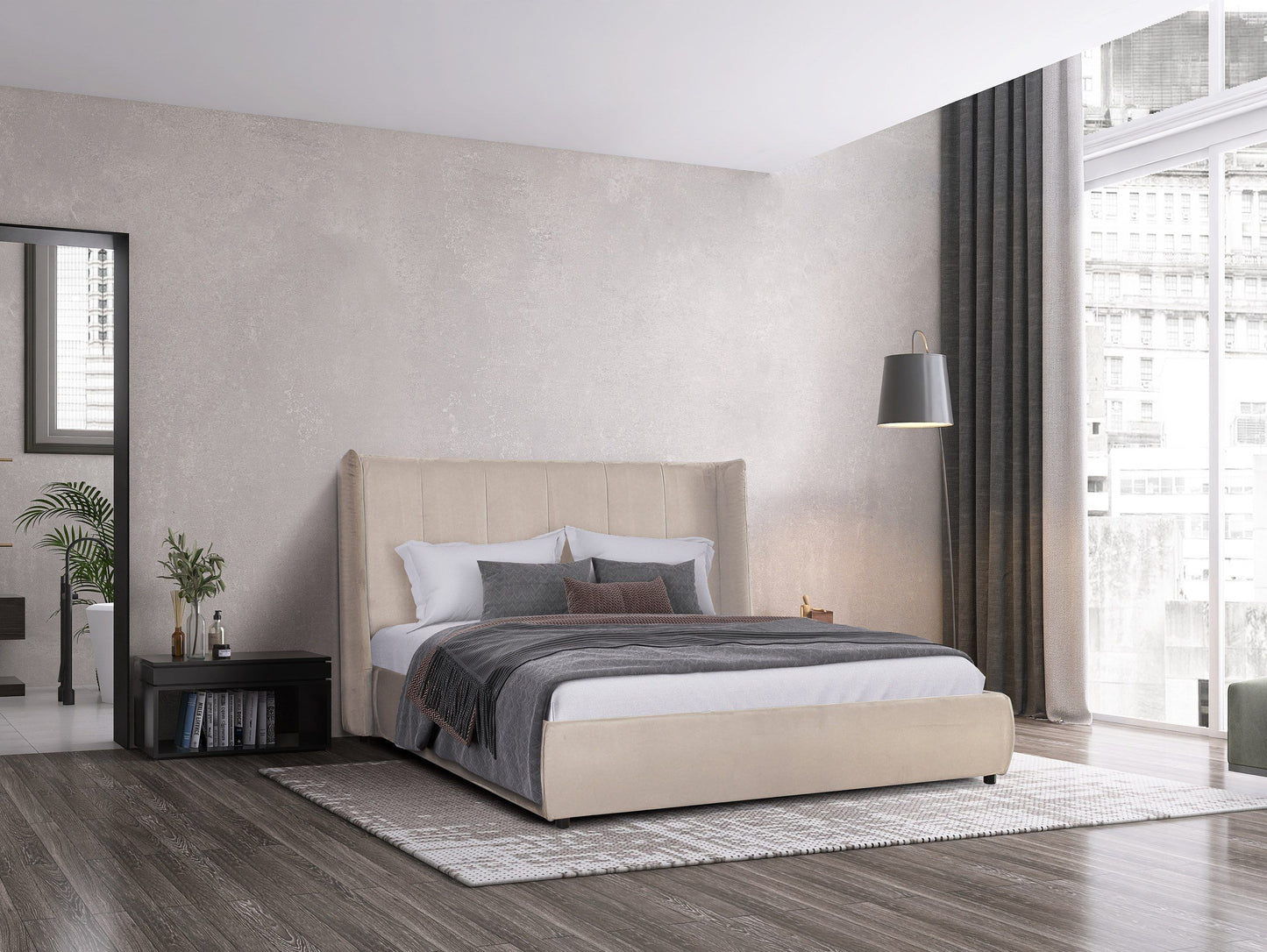 Modrest Emilia Modern Beige Velvet Bed for Elegant and Cozy Bedroom Interiors