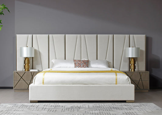 Modrest Nixa - Sleek Modern Bedroom Set | Beige Velvet Bed + Birch Nightstands & Brushed Bronze Details