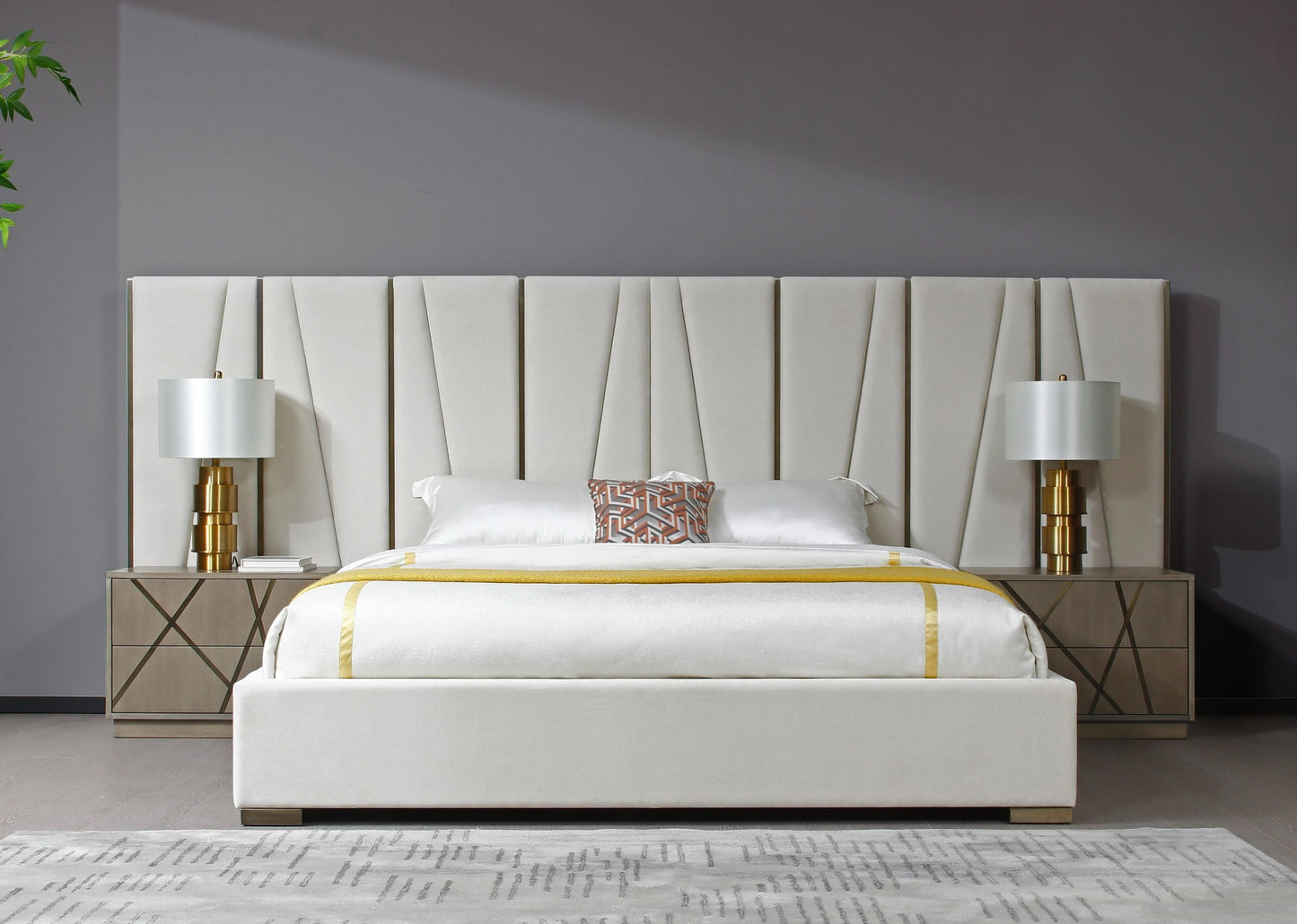 Modrest Nixa - Modern Beige Velvet + Brushed Bronze + Birch Bedroom Set