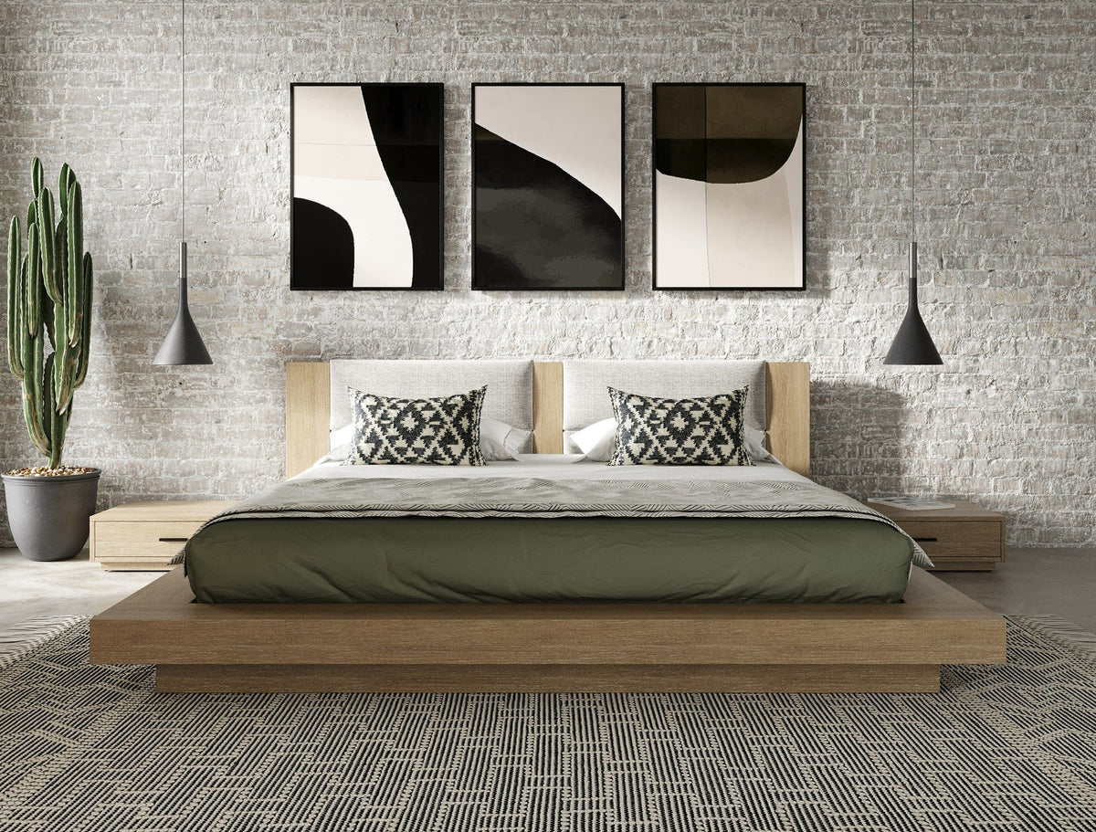 Fantasia Contemporary Walnut & Grey Bed with Two Nightstands