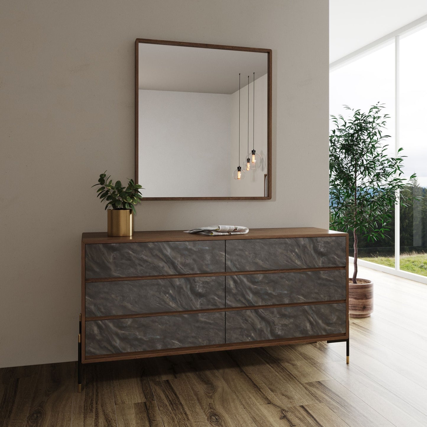 Metcalf Mid-Century Walnut and Grey Six-Drawer Dresser