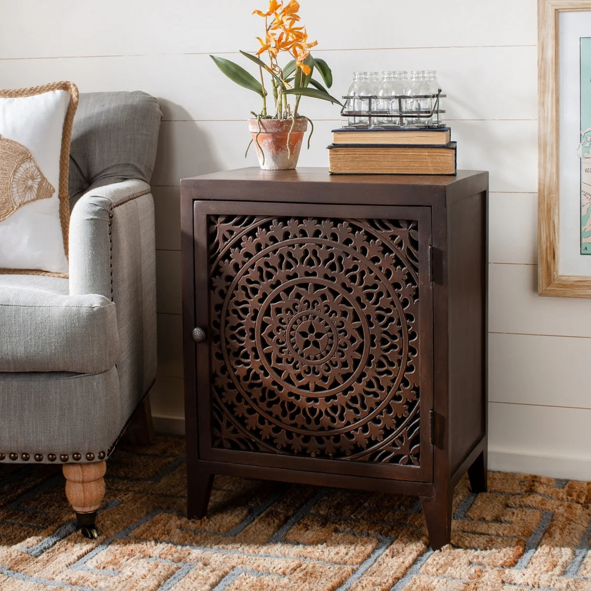 Thea 1-Door Carved Nightstand - Elegant and Functional Storage with Intricate Carved Details for Your Bedroom