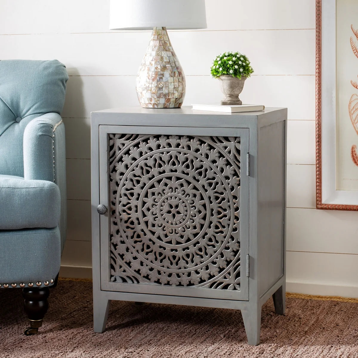 Thea 1-Door Carved Nightstand - Elegant and Functional Storage with Intricate Carved Details for Your Bedroom