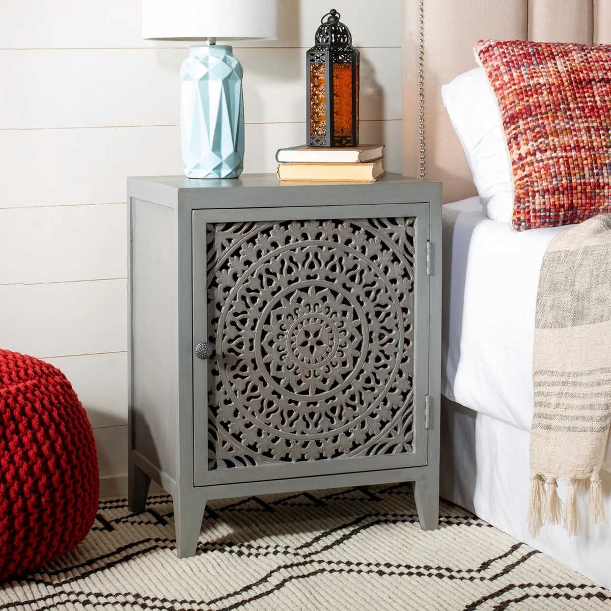 Thea 1-Door Carved Nightstand - Elegant and Functional Storage with Intricate Carved Details for Your Bedroom