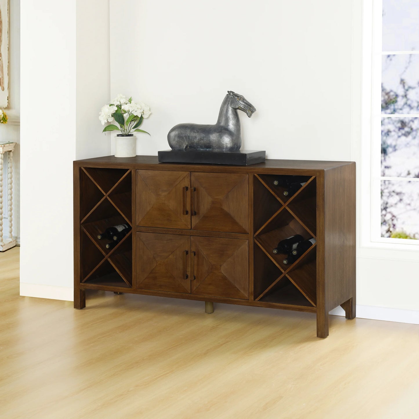 Norman Wyatt Home Nyack Four Door Buffet with Twin Wine Bottle Storage Bins Stylish and Functional Dining Storage Solution