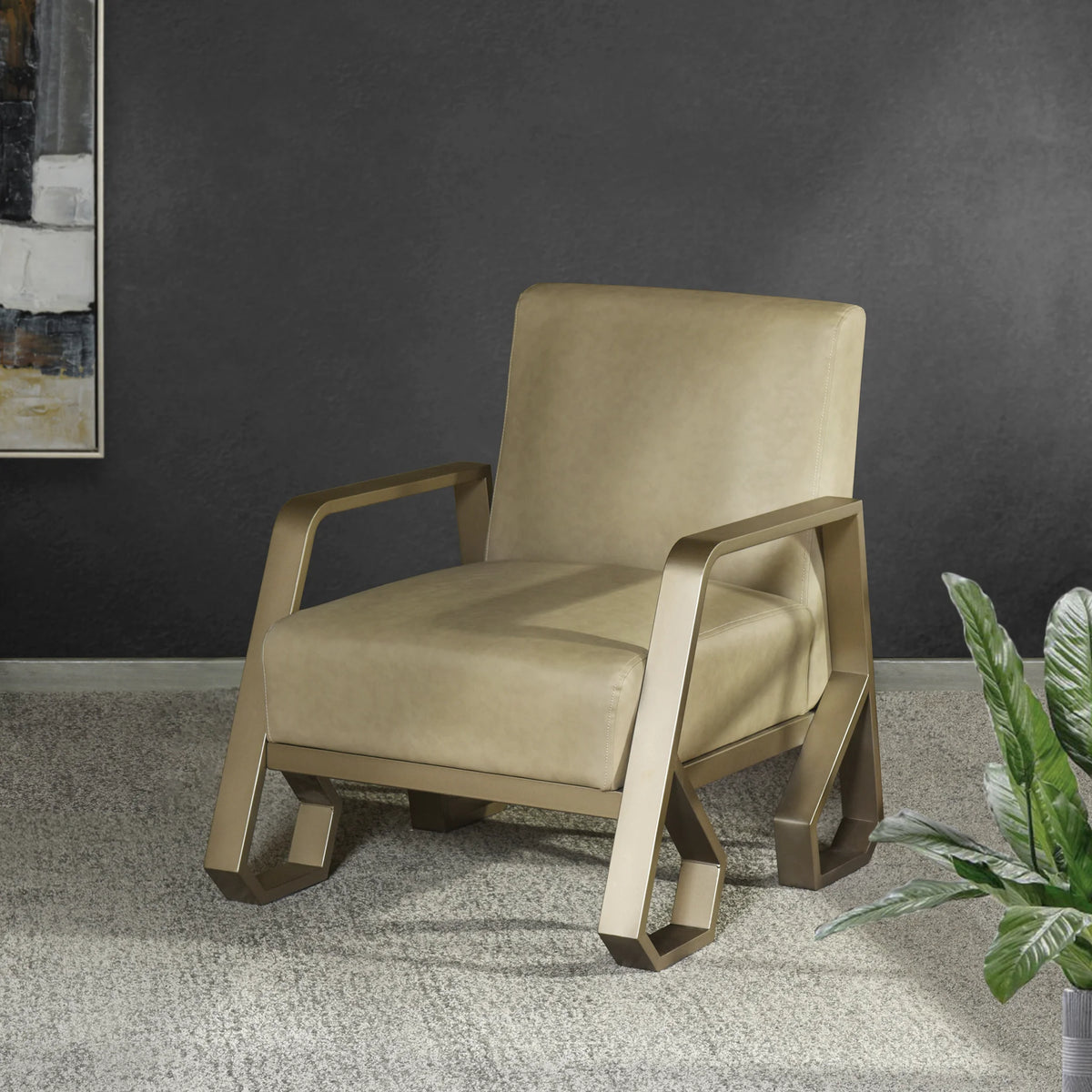 Tan & Satin Gold Metal Frame Armchair