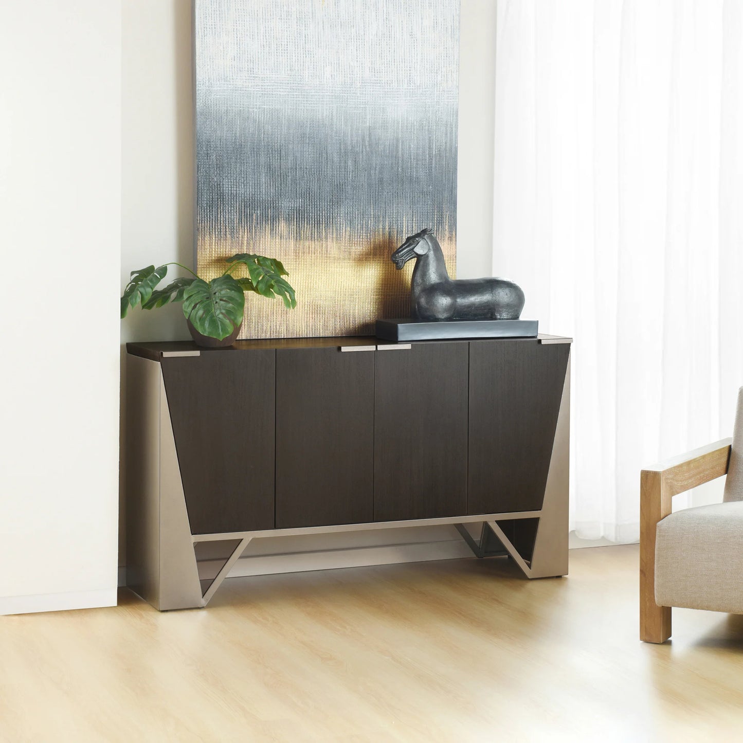 Norman Wyatt Home Axall Four Door Credenza Gray Brown Finish on Walnut Elegant and Functional Storage Solution