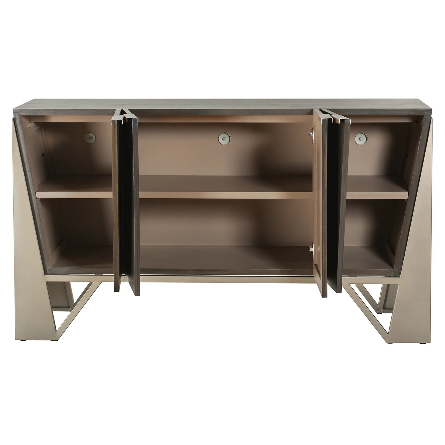 Norman Wyatt Home Axall Four Door Credenza Gray Brown Finish on Walnut Elegant and Functional Storage Solution
