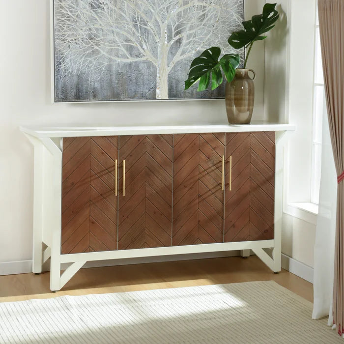 Amber & White 4-Door Wooden Cabinet by Norman Wyatt Home with Fir Wood Veneer Chevron Pattern Doors for Elegant Storage