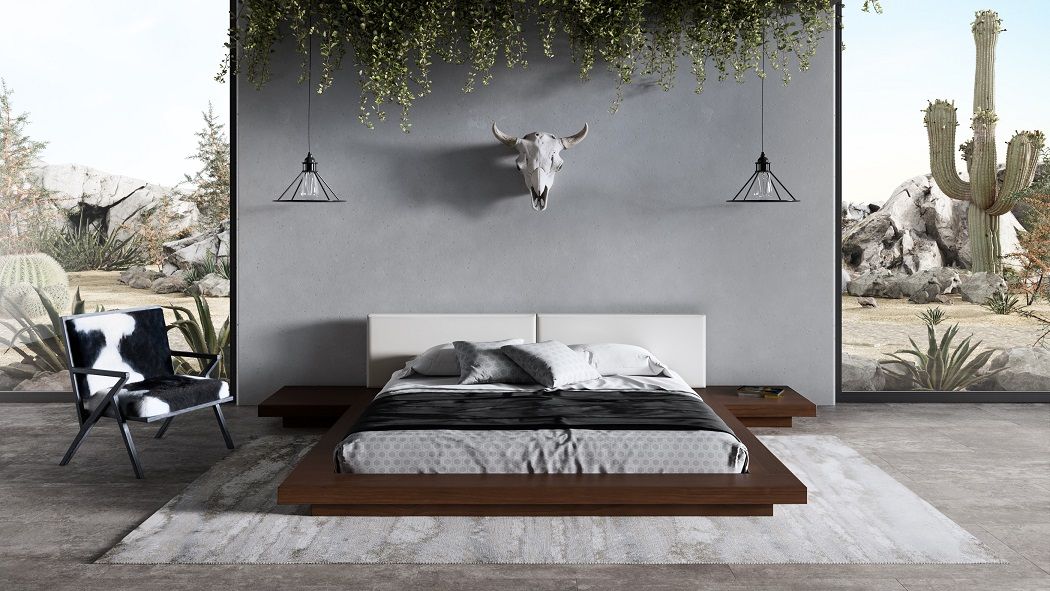 Modrest Tokyo Contemporary Walnut and White Platform Bed - Stylish Design Furniture