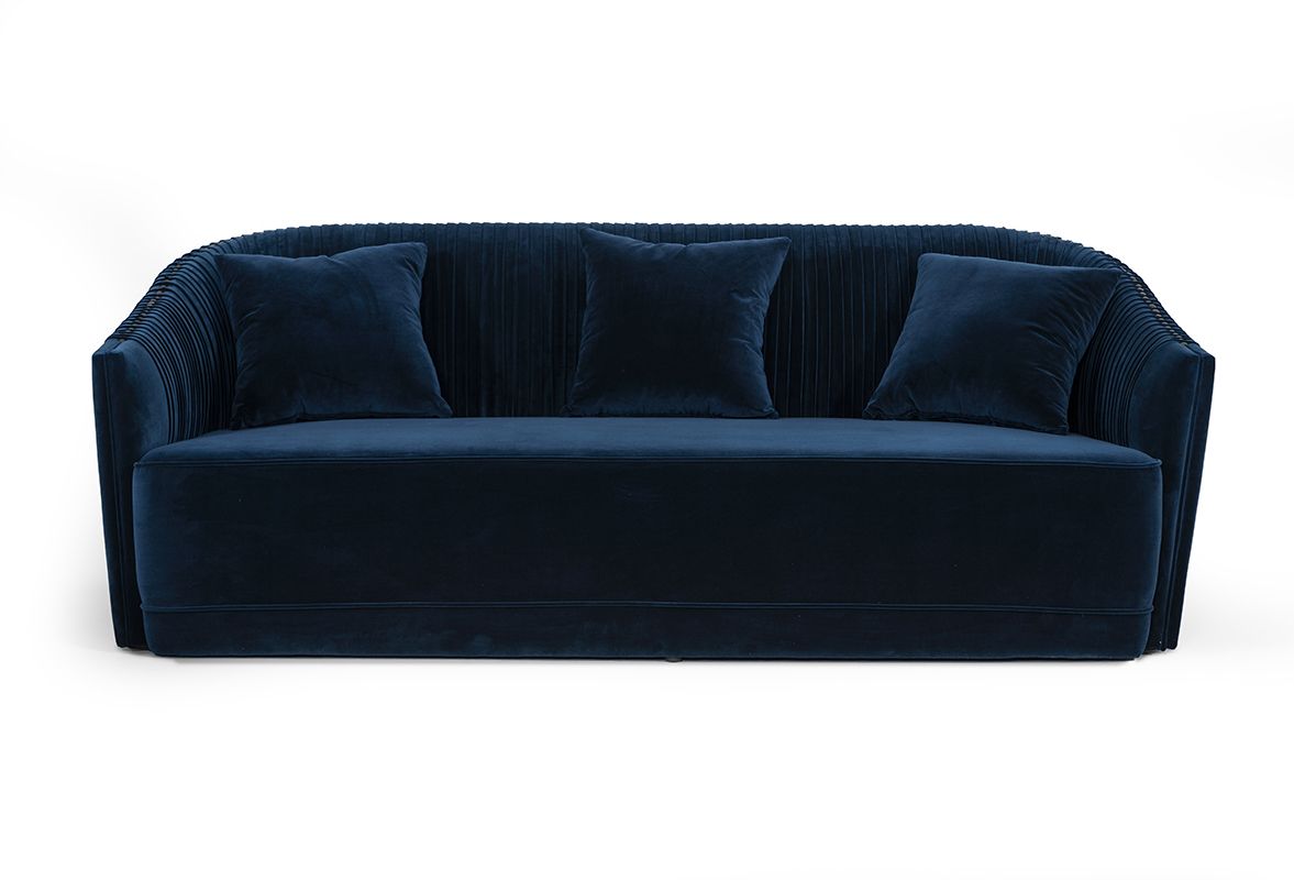 Palomar Blue Velvet Upholstered Sofa with Brass Frame