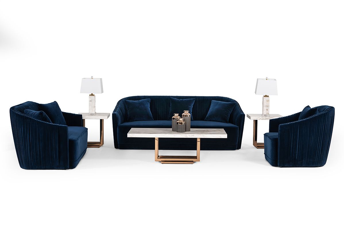 Palomar Blue Velvet Upholstered Sofa with Brass Frame