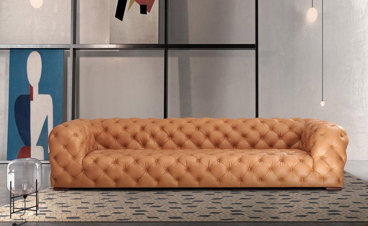 Dexter Transitional Camel Full Italian Leather Tufted Sofa