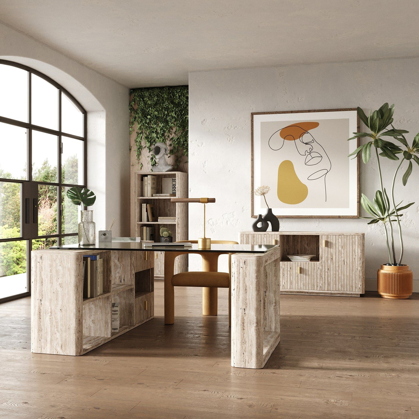 Nova Domus Roma - Modern Glass + Faux Travertine Reversible Desk