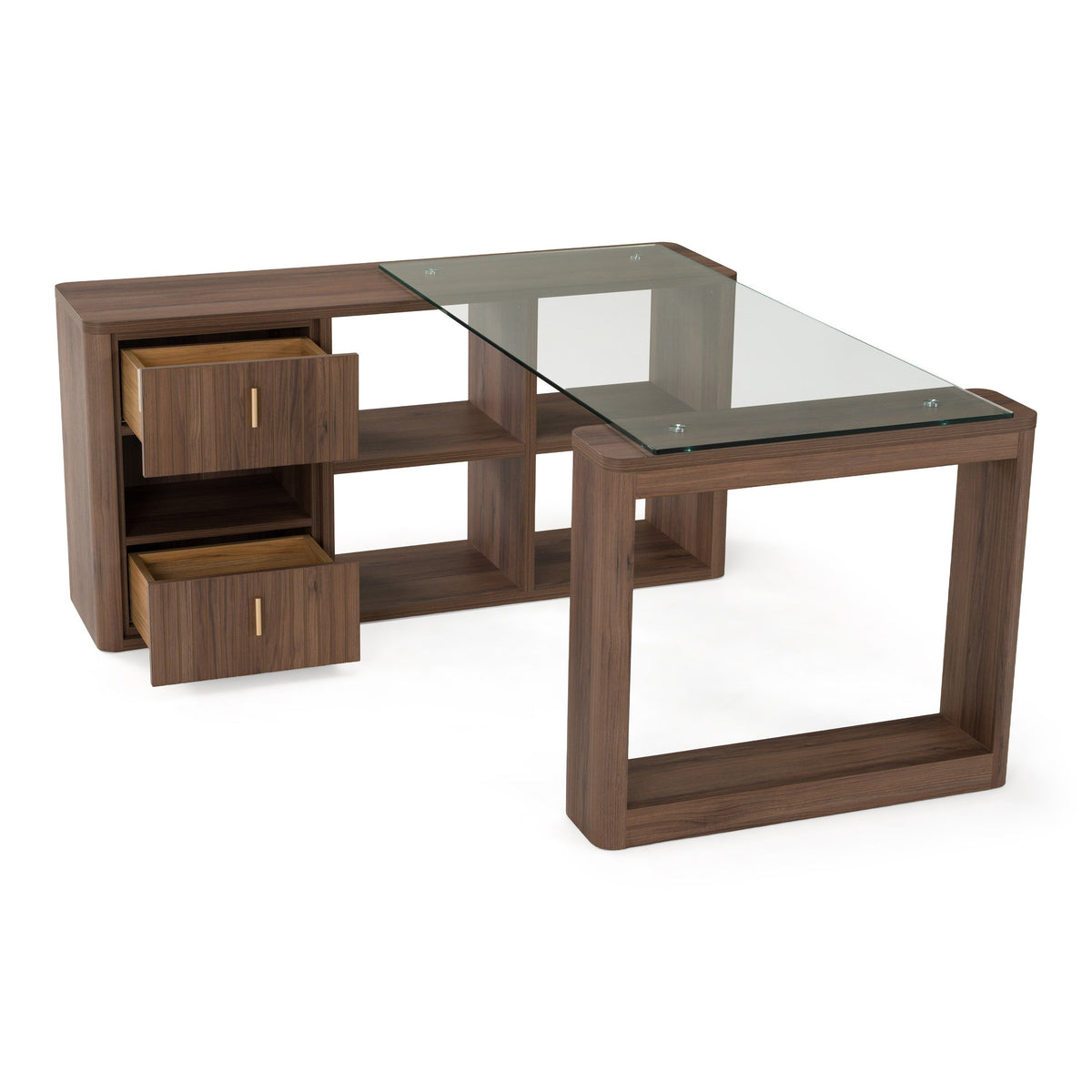 Roma Modern Glass and Walnut Reversible L‑Shape Desk