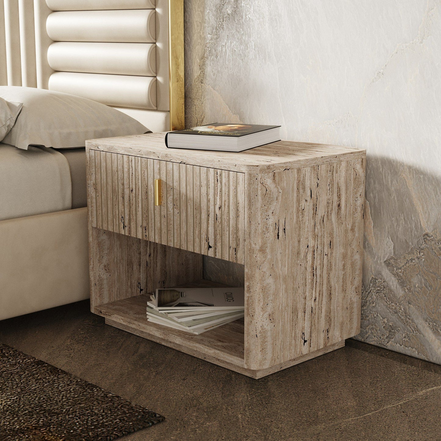 Roma Nightstand β Faux Travertine Finish with Gold Accents