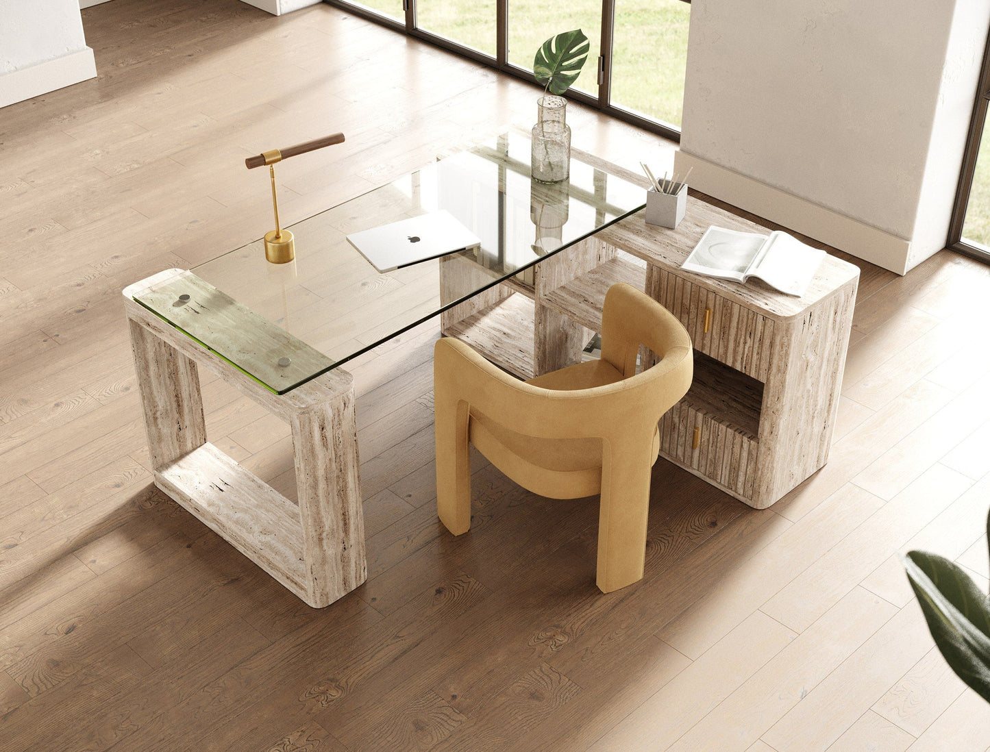 Nova Domus Roma - Modern Glass + Faux Travertine Reversible Desk