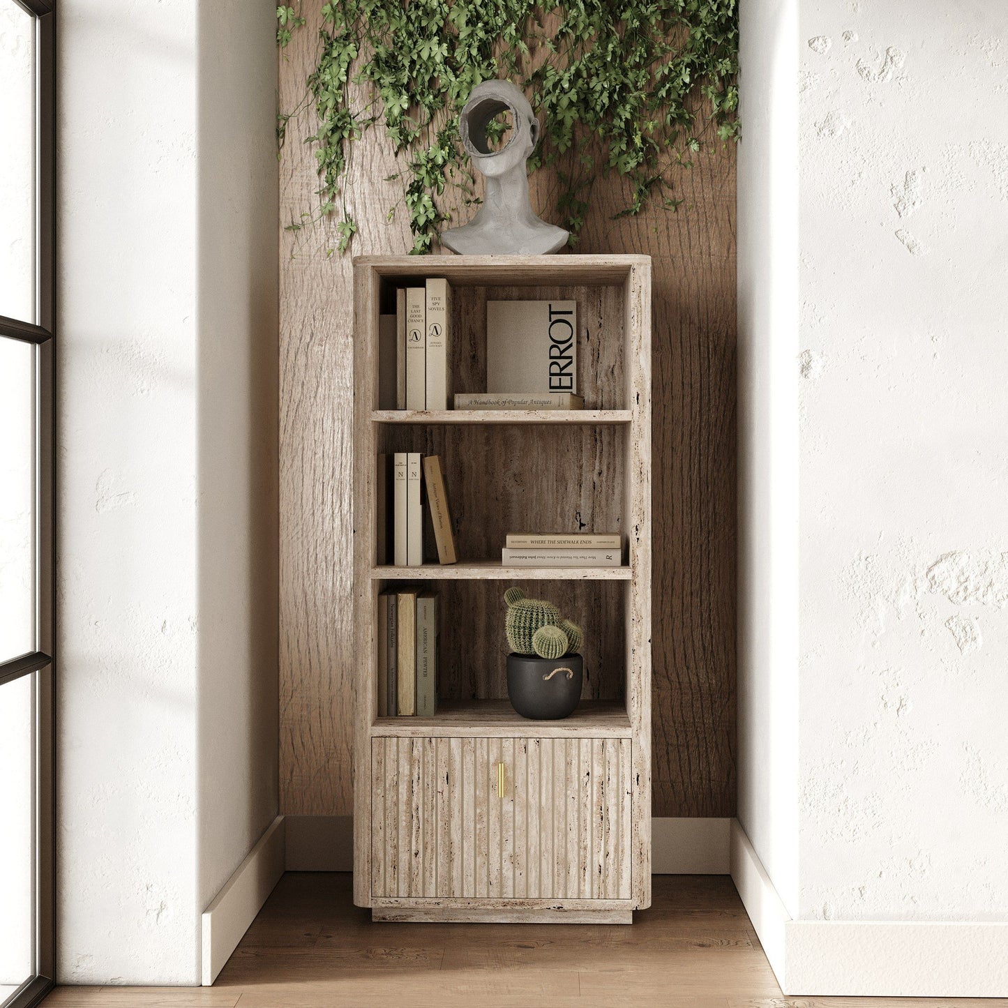 Nova Domus Roma Modern Faux Travertine and Gold Bookcase for Elegant and Stylish Home Storage