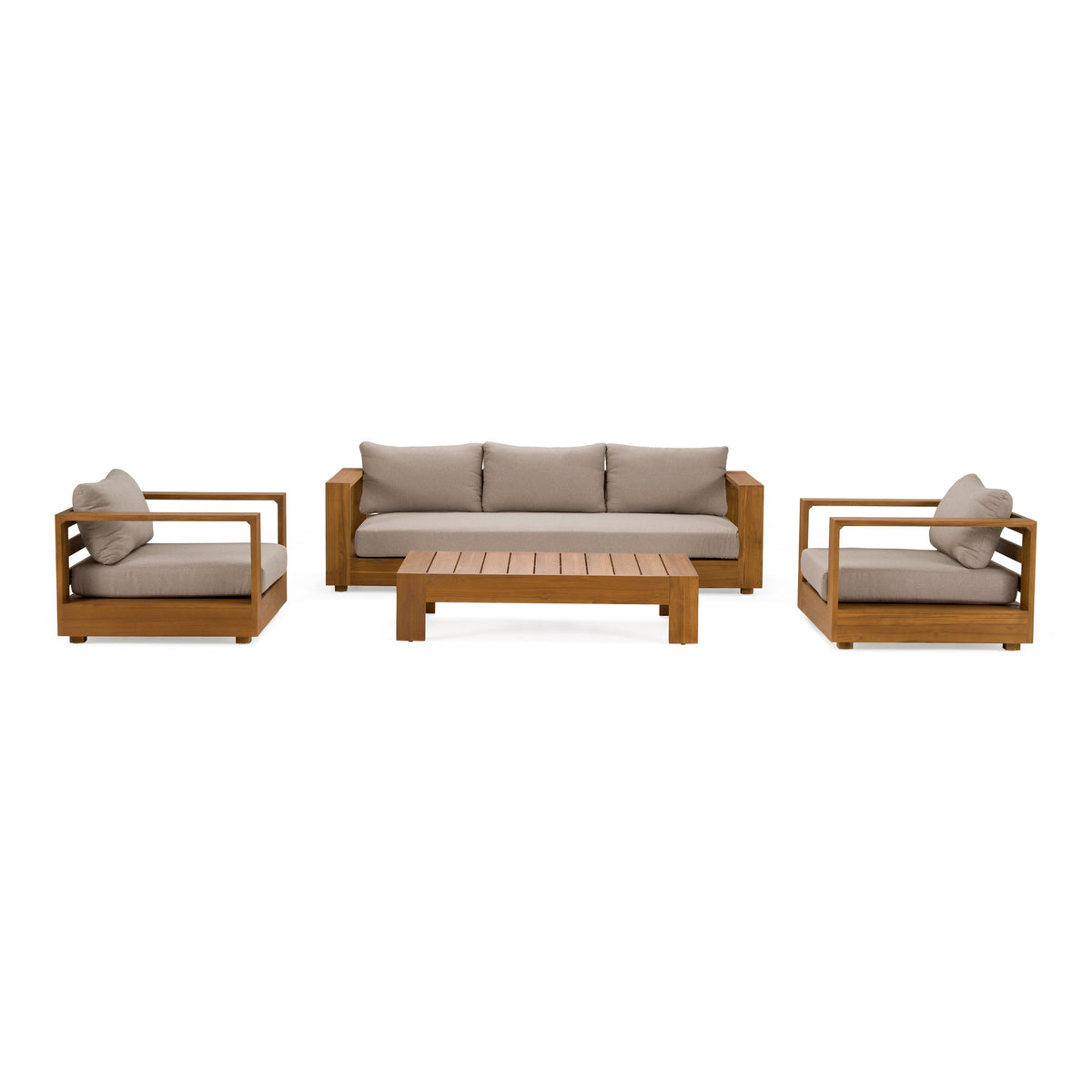 Santorini Outdoor Brown Olefin Fabric and Natural Teak Sofa Set