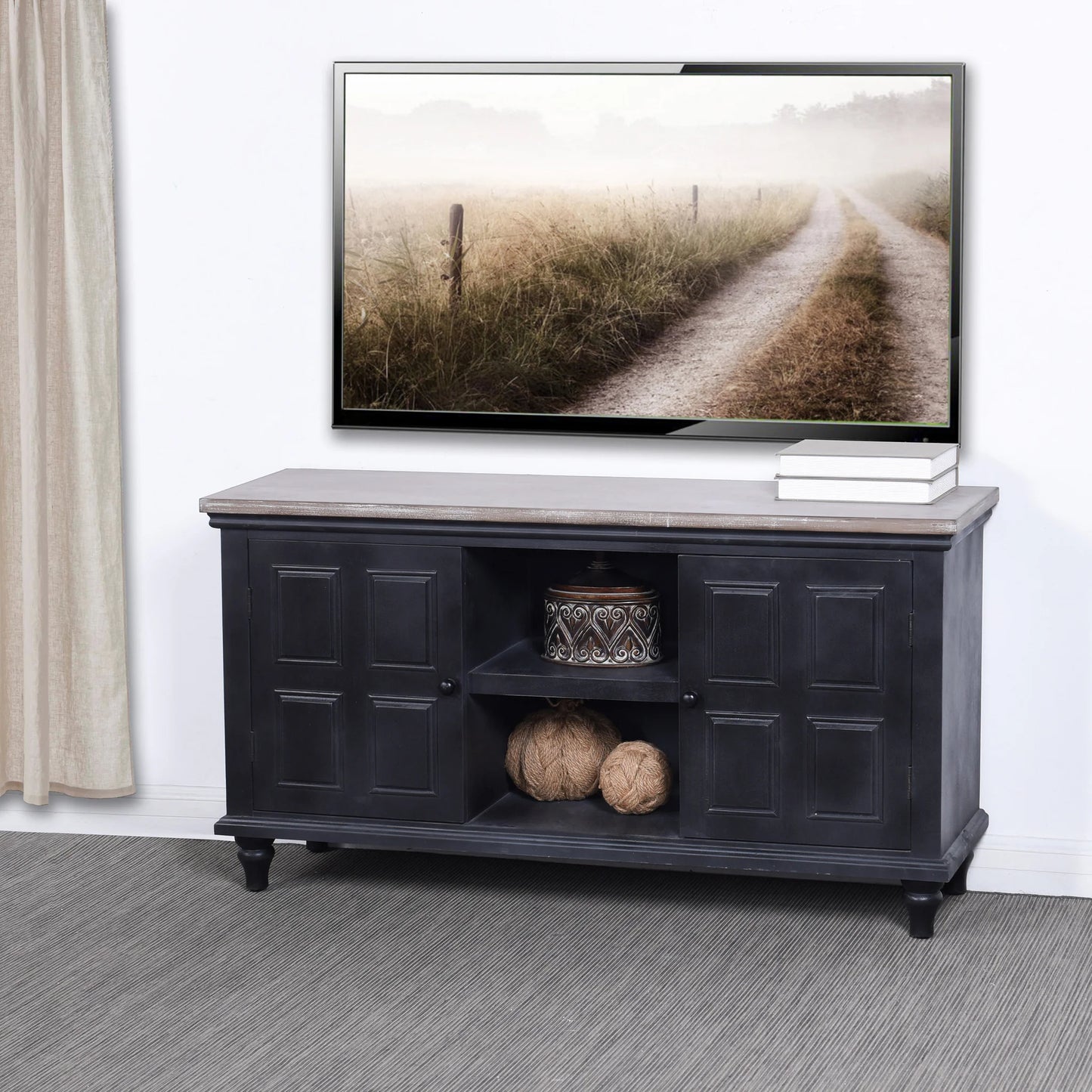 Summit Media Cabinet Black Wooden Design with 2 Textured Doors and 2 Shelves Stylish Media Storage Solution