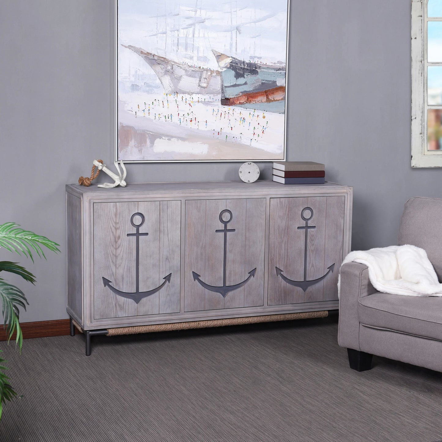 Anchor Sideboard Three Grey Wash Wood Paneled Doors Metal Base Accent Stylish Storage Solution