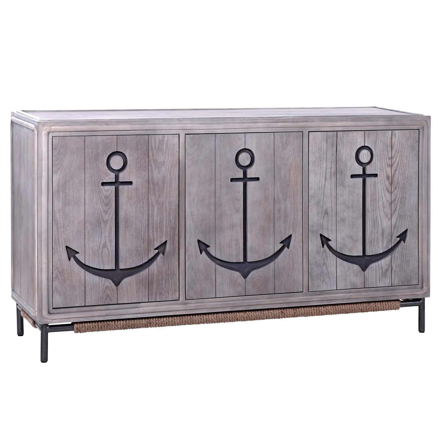 Anchor Sideboard Three Grey Wash Wood Paneled Doors Metal Base Accent Stylish Storage Solution