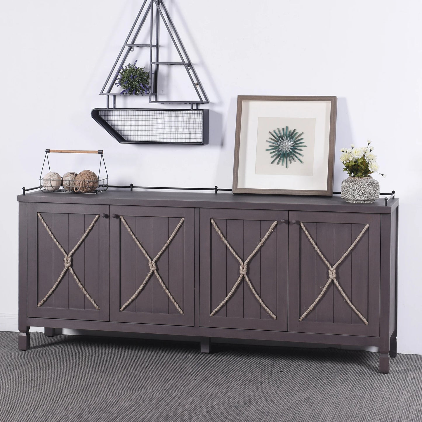 Knotted Sideboard Four Paneled Doors Rope Tie Metal Accents Stylish Storage Solution