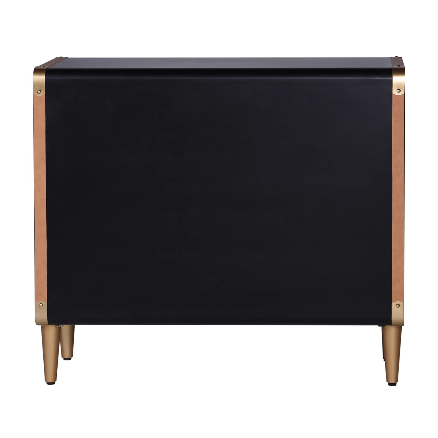 Trunk Cabinet Two Door Design Matte Black Metal Faux Leather Straps Stylish Storage Solution
