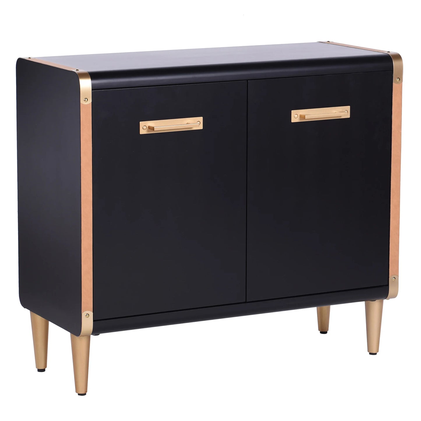 Trunk Cabinet Two Door Design Matte Black Metal Faux Leather Straps Stylish Storage Solution