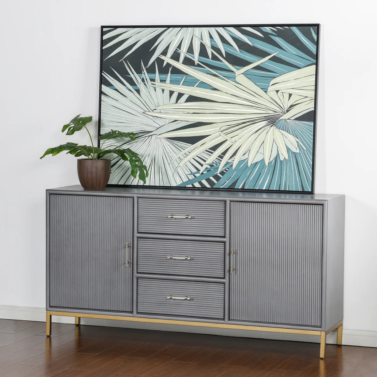 Milano Sideboard Fluted Front Panel Doors Sheen Slate Gray Finish Elegant Storage Solution